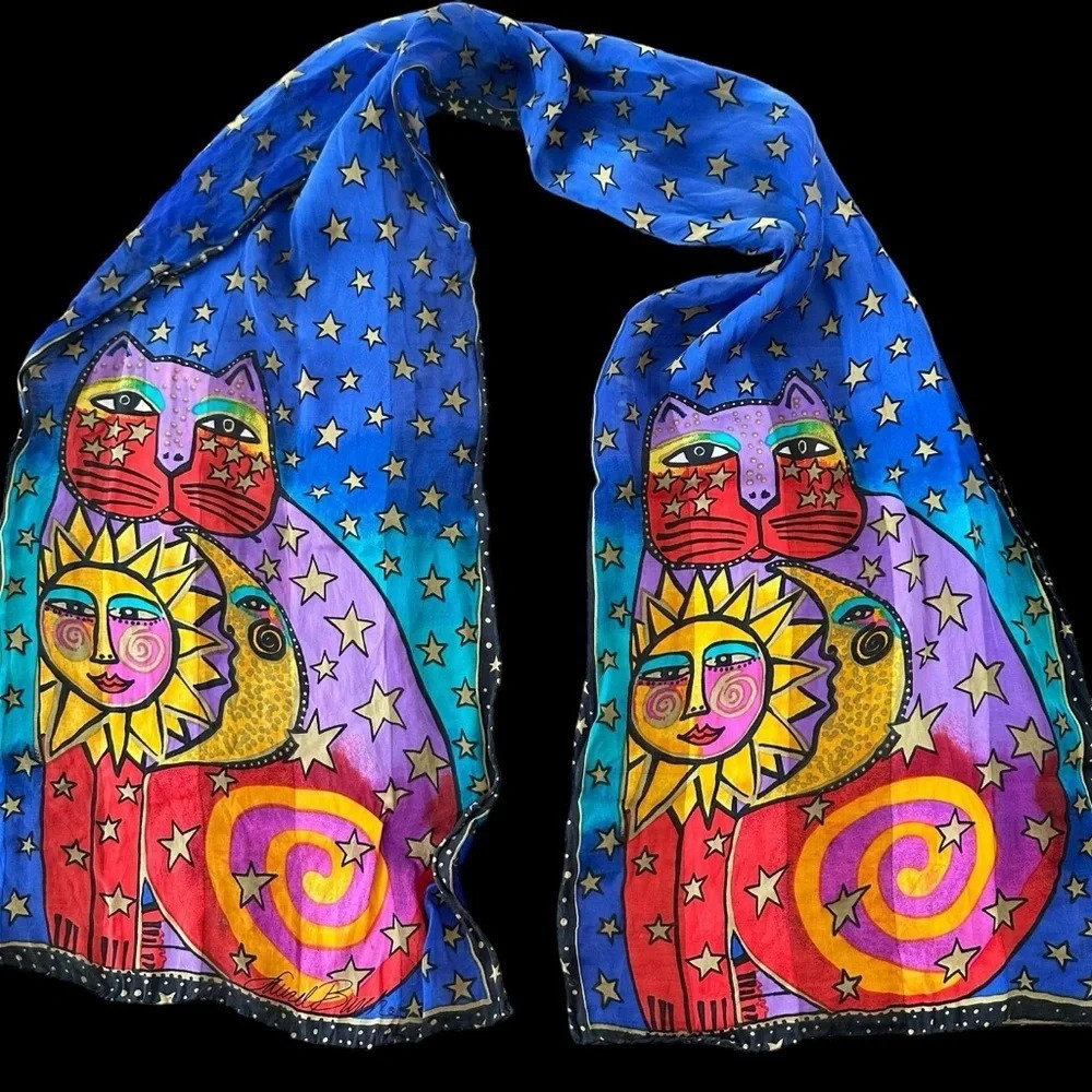 Signed Laurel Burch Blue Silk Lightweight Scarf Cat Sun Moon Stars Rolled Edges